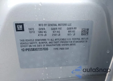 2014 Chevrolet Cruze 2Lt Auto из США, поврежденный, VIN 1G1PE5SBXE7257699